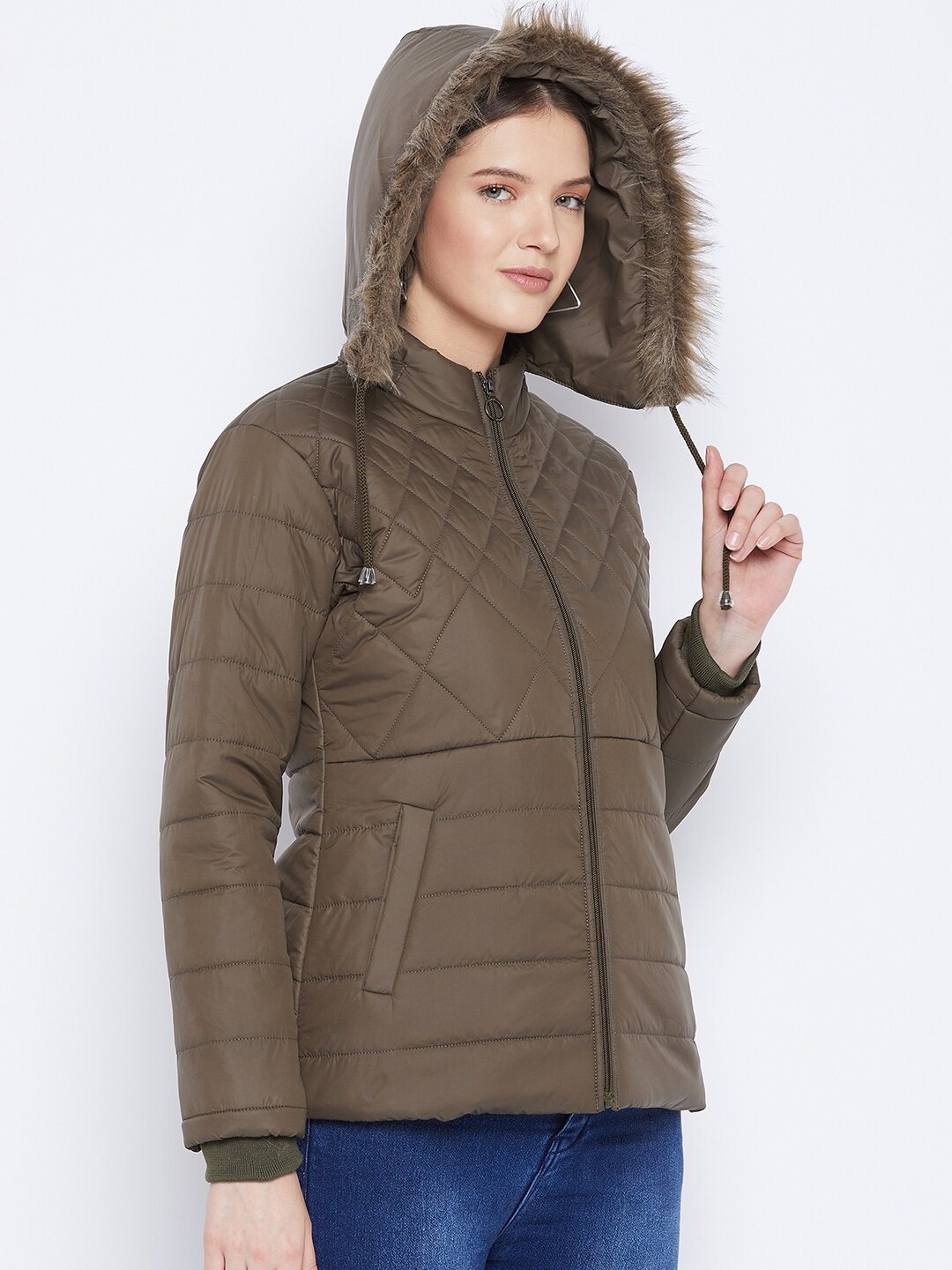 

9ty3ree Hooded Faux Fur Trim Insulator Puffer Jacket, Olive