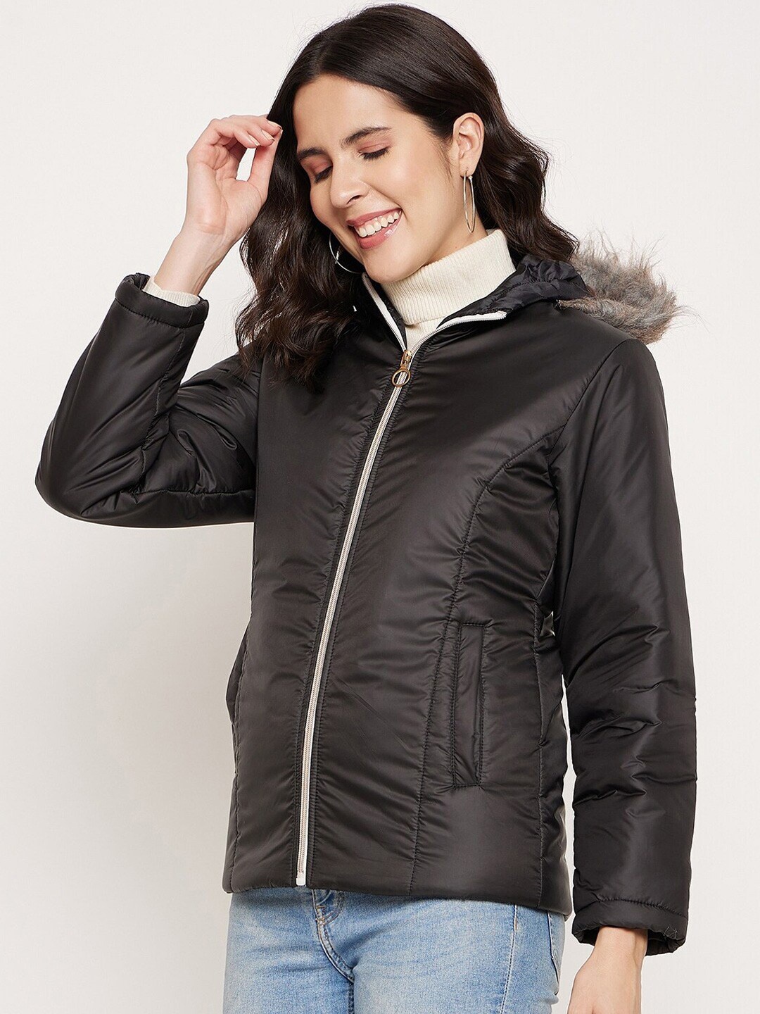 9ty3ree Hooded Faux Fur Trim Insulator Padded Jacket, Black