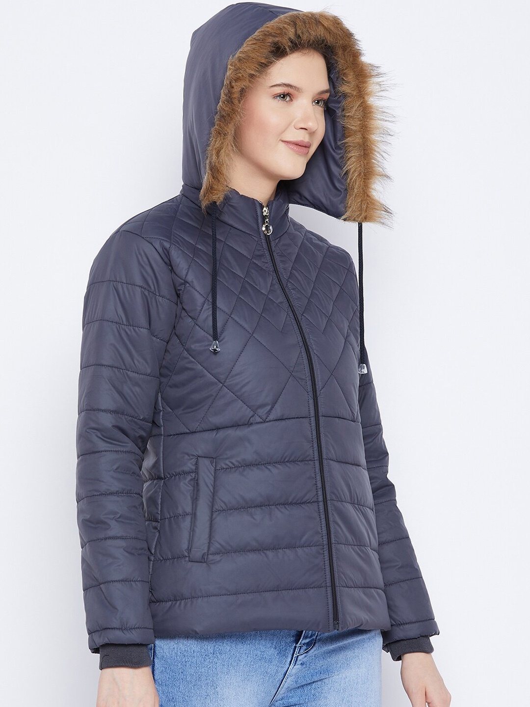 9ty3ree Hooded Fur Detail Insulator Quilted Jacket, Navy blue