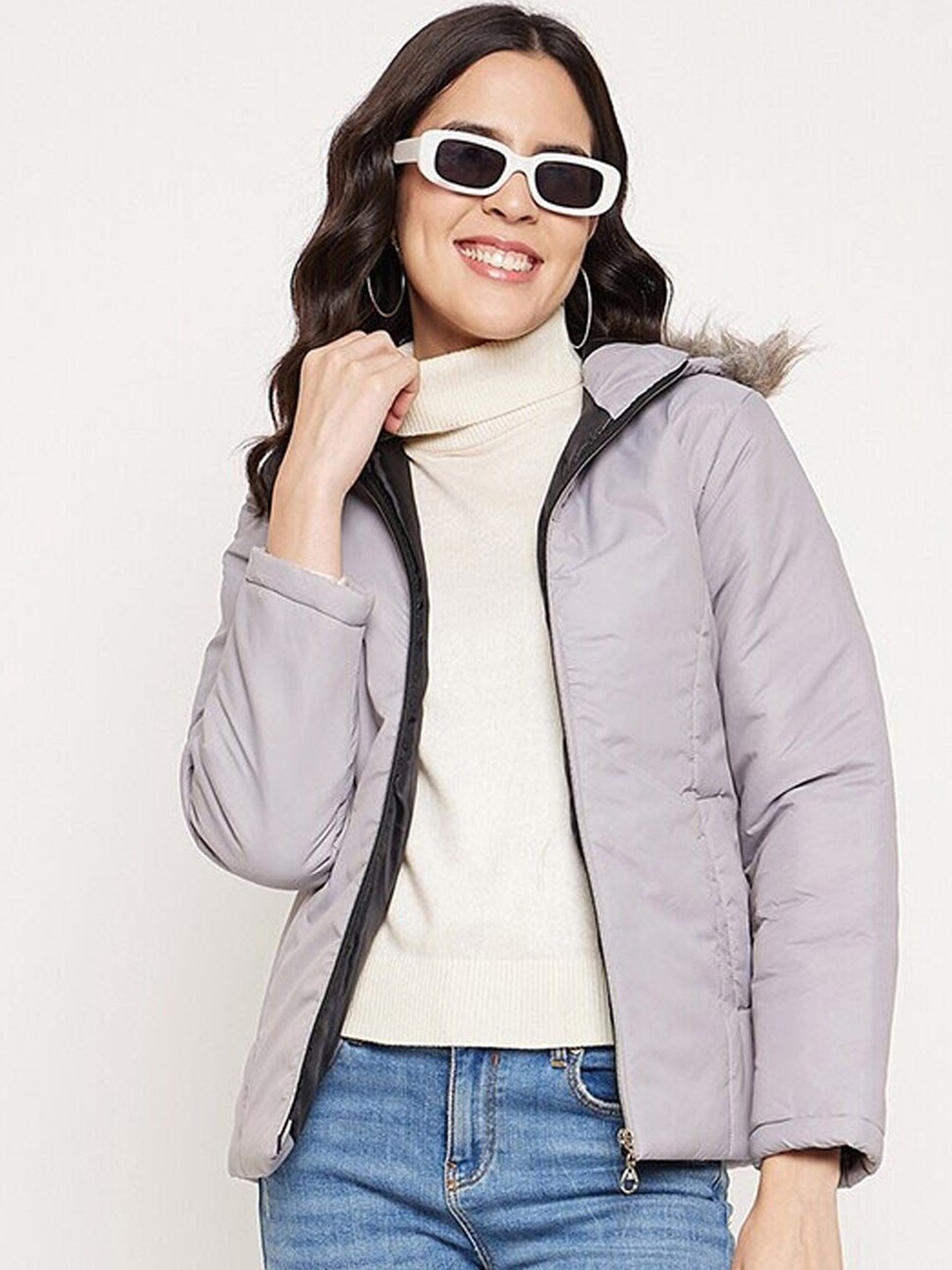 

9ty3ree Hooded Faux Fur Trim Insulator Padded Jacket, Grey