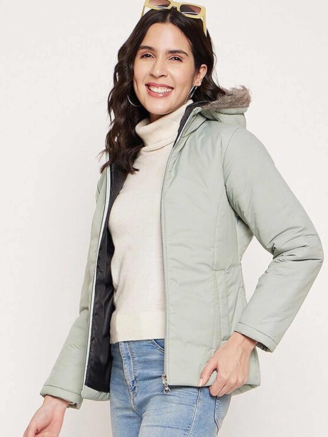 9ty3ree Hooded Faux Fur Trim Insulator Puffer Jacket, Green