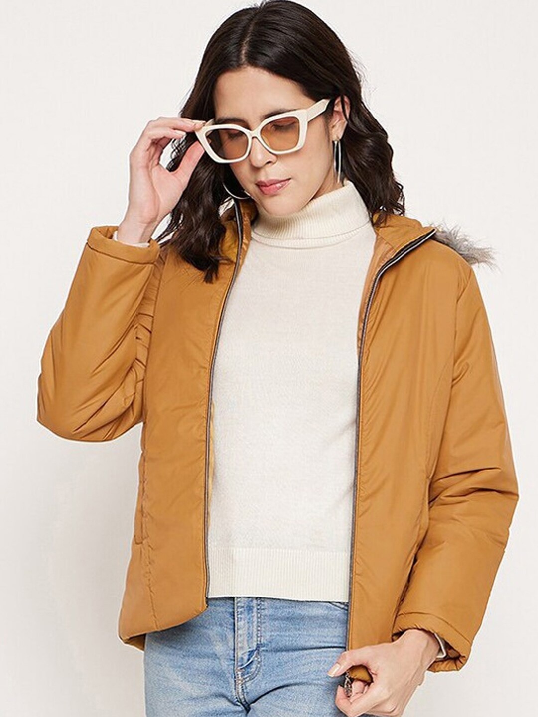 

9ty3ree Hooded Long Sleeves Insulator Faux Fur Trim Padded Jacket, Mustard