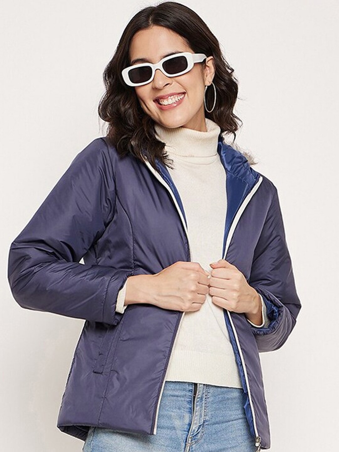 

9ty3ree Faux Fur Detail Hooded Insulator Outdoor Padded Jacket, Navy blue