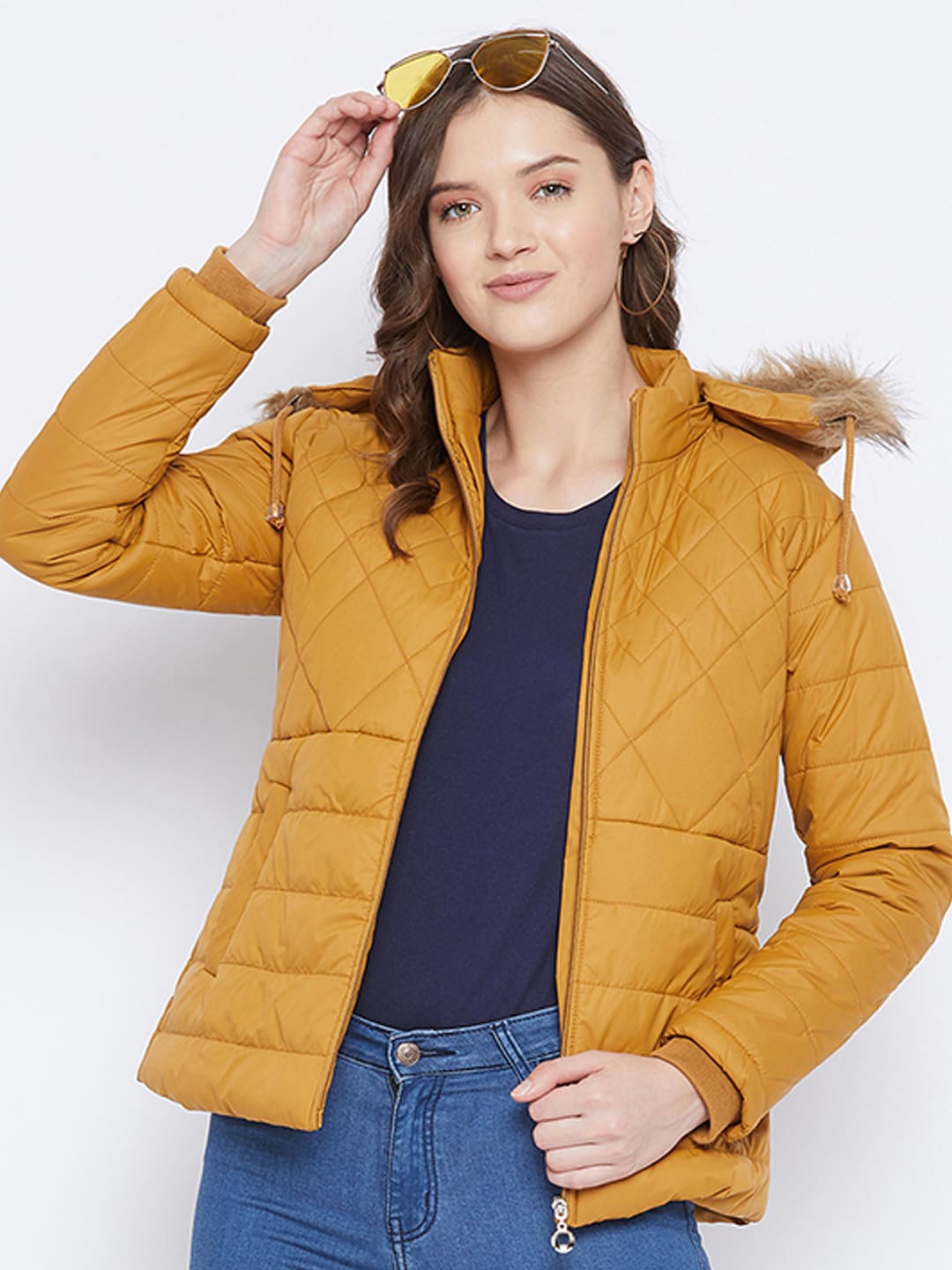

9ty3ree Faux Fur Detail Hooded Insulator Outdoor Puffer Jacket, Mustard