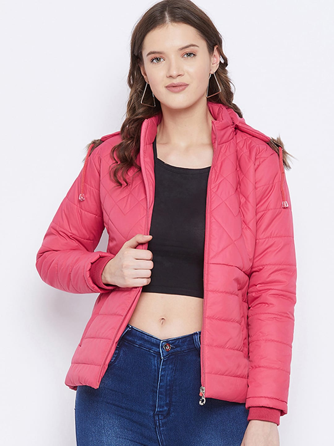 

9ty3ree Hooded Long Sleeves Insulator Faux Fur Trim Quilted Jacket, Pink