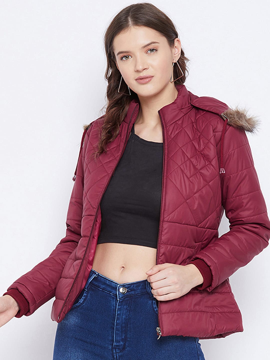 

9ty3ree Hooded Faux Fur Trim Insulator Puffer Jacket, Maroon