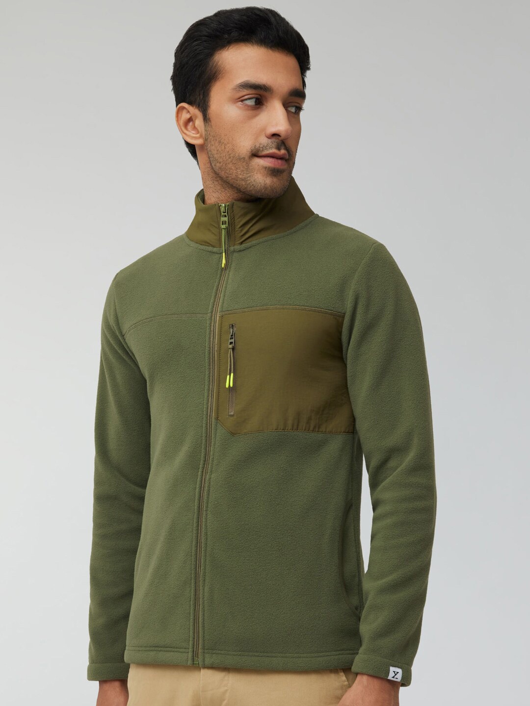 

XYXX Men Regular Fit Colorblock Olive Green Winter Fleece Jacket