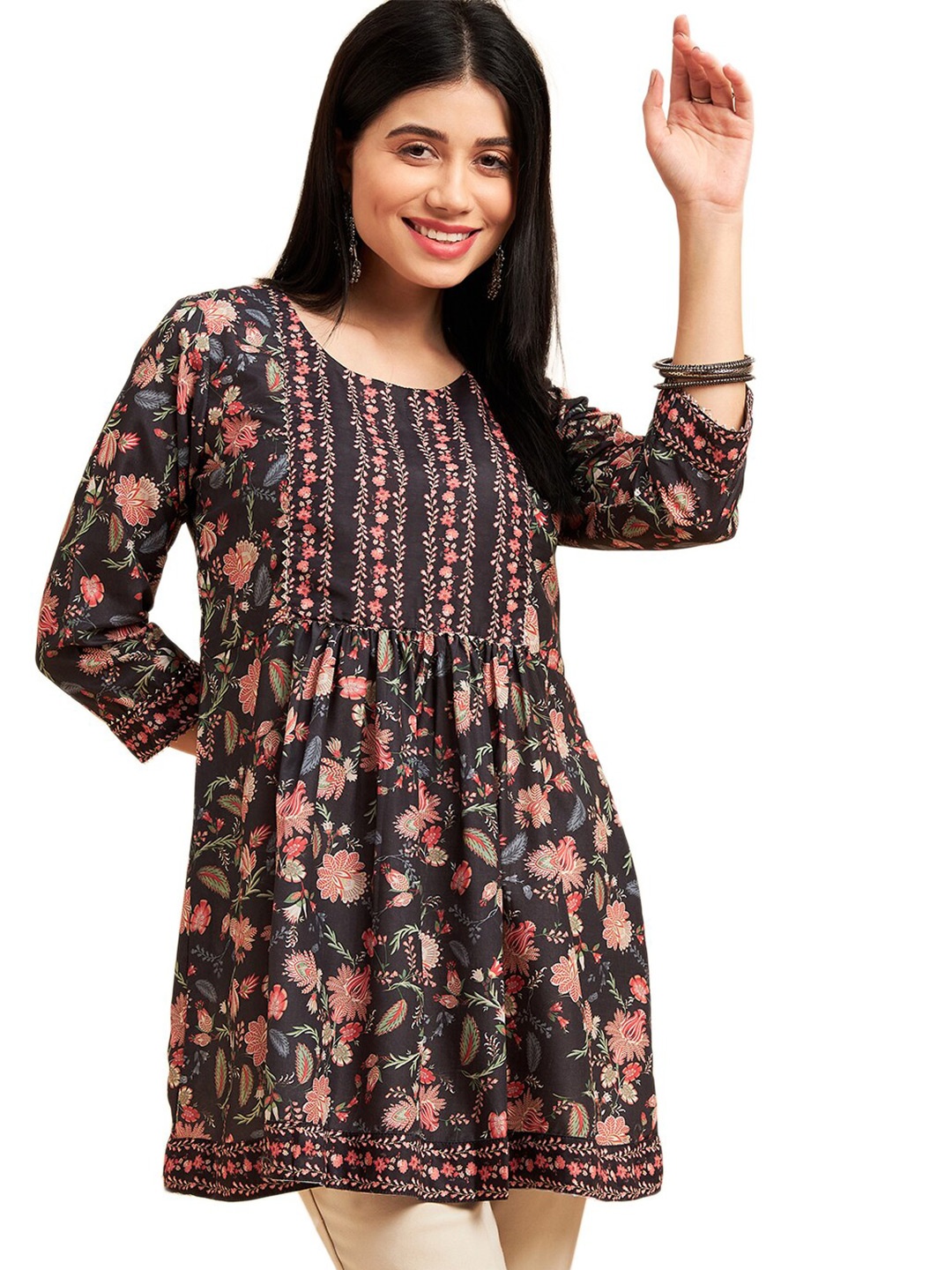 

Nimayaa Floral Printed Gotta Patti Detail A-Line Kurtis, Black