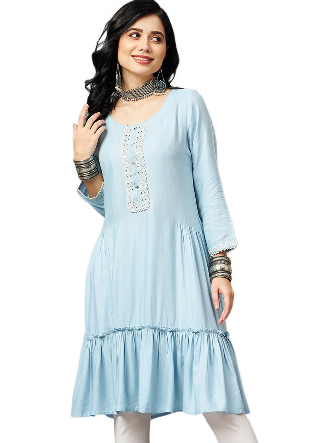 

Nimayaa Ethnic Motifs Yoke Design Mirror Work Detail A-Line Kurtis, Blue