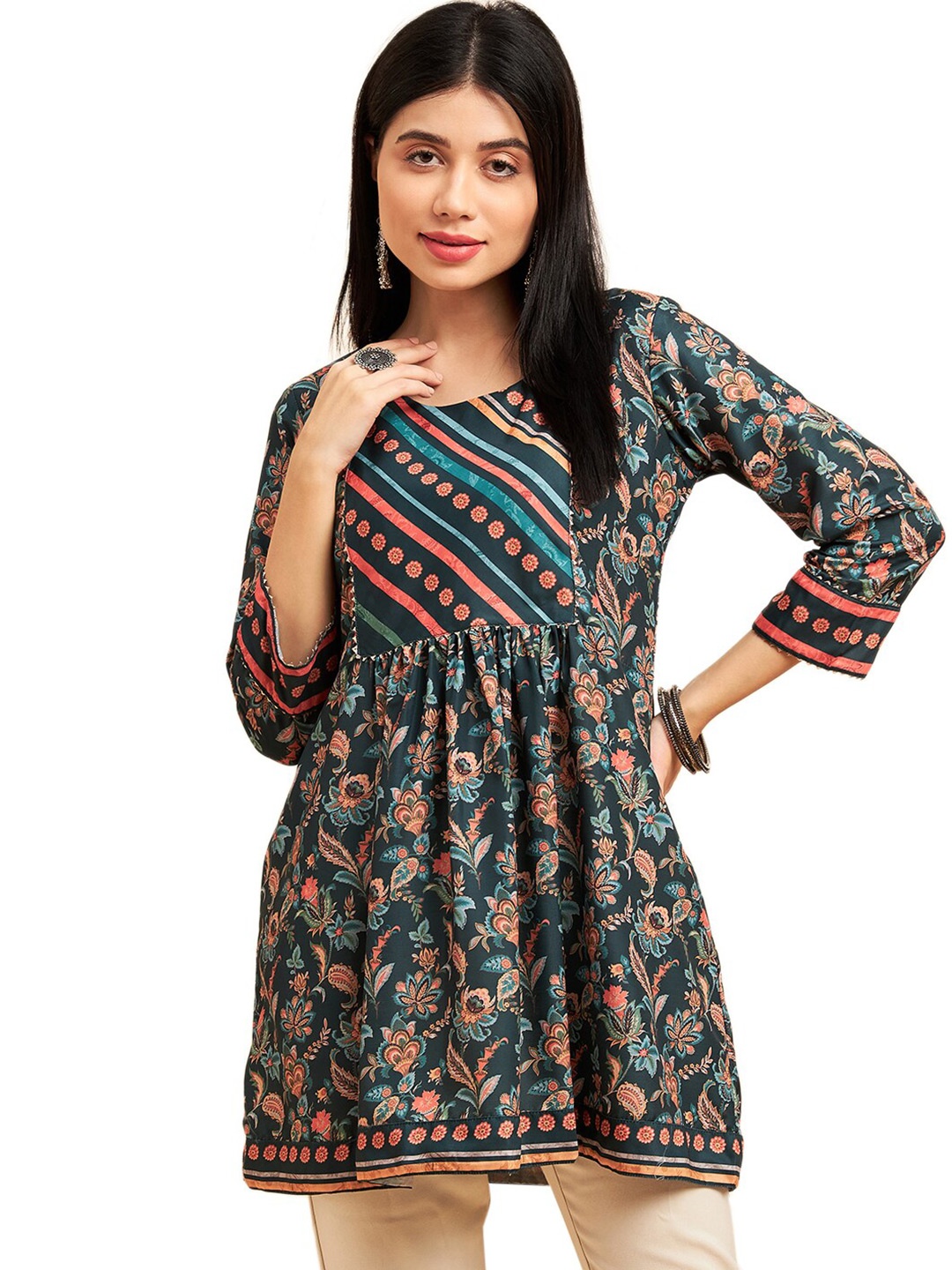 Nimayaa Floral Printed Gotta Patti Detail A-Line Kurtis, Green