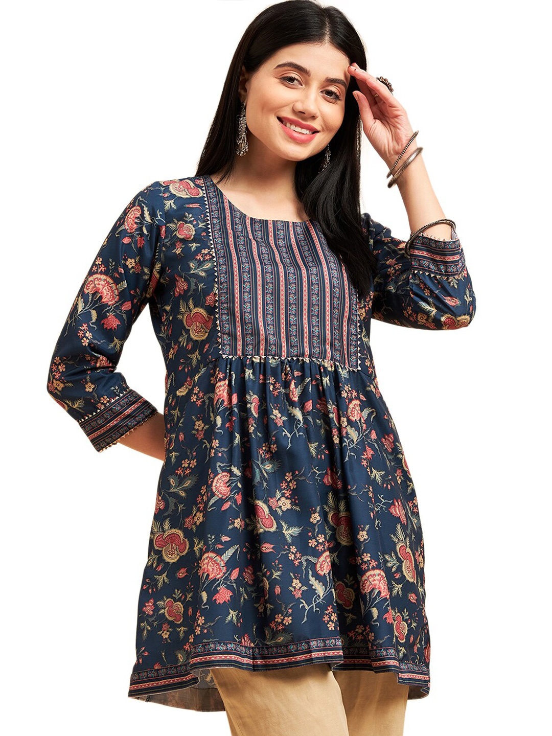 

Nimayaa Floral Printed Gotta Patti A-Line Kurtis, Navy blue