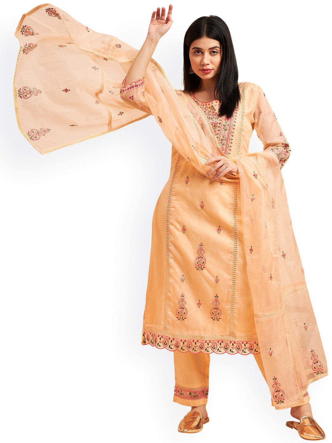 

Nimayaa Floral Sequinned Embroidered Regular Kurta With Trousers & Dupatta, Orange