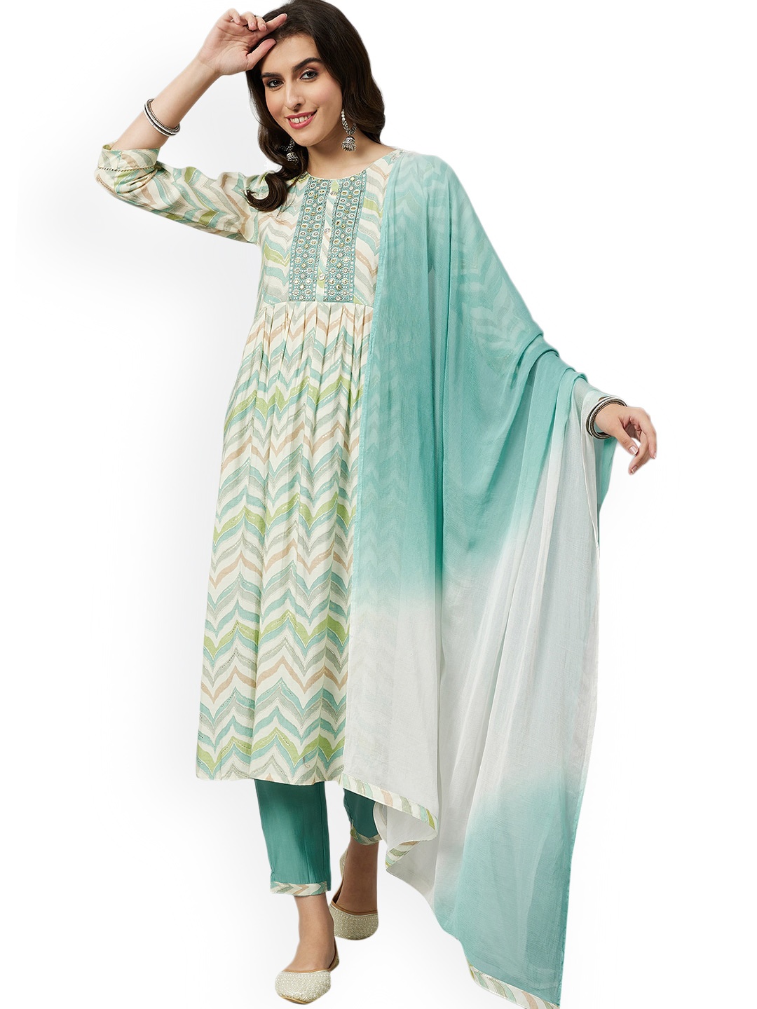 

Nimayaa Chevron Printed Regular Mirror Work Kurta With Trousers & Dupatta, Beige