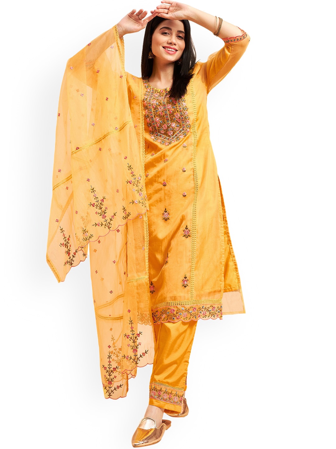 

Nimayaa Floral Embroidered Regular Kurta with Trousers & Dupatta, Yellow