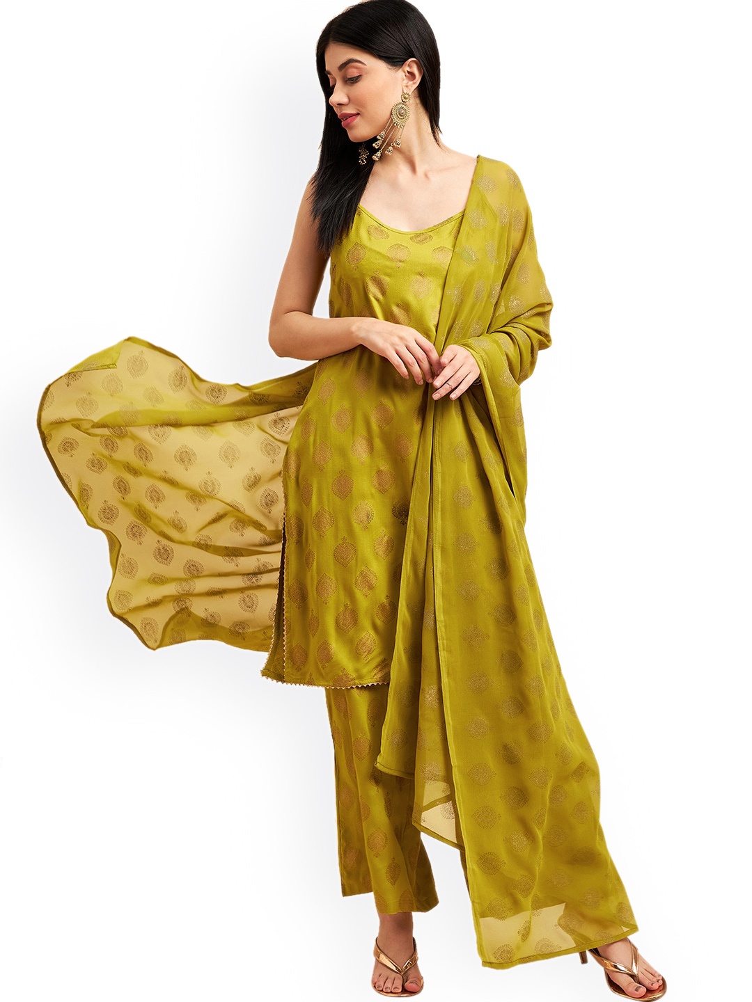 

Nimayaa Ethnic Motifs Printed Regular Kurta With Palazzos & Dupatta, Green