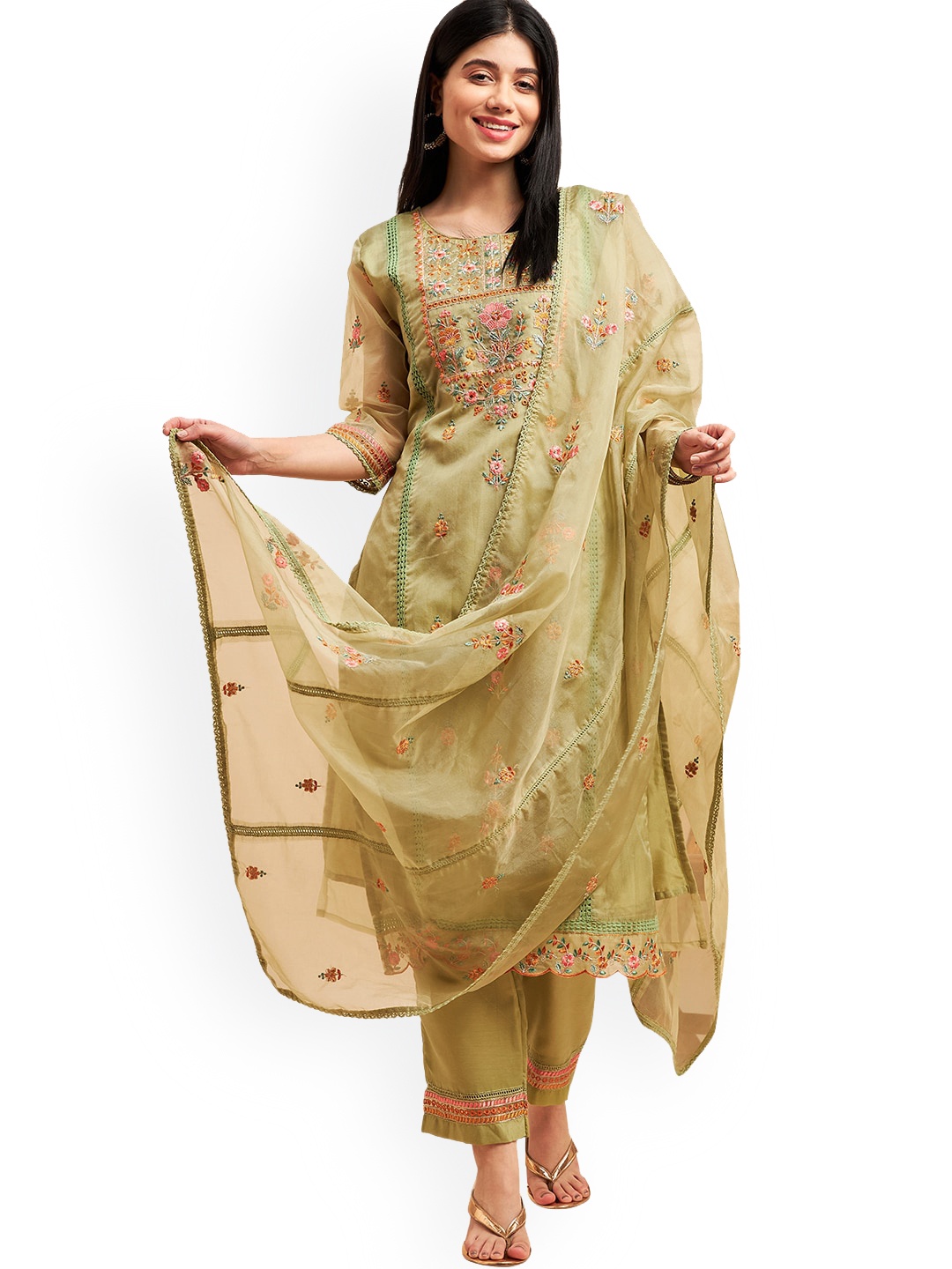 

Nimayaa Floral Embroidered Kurta & Trousers With Dupatta, Green