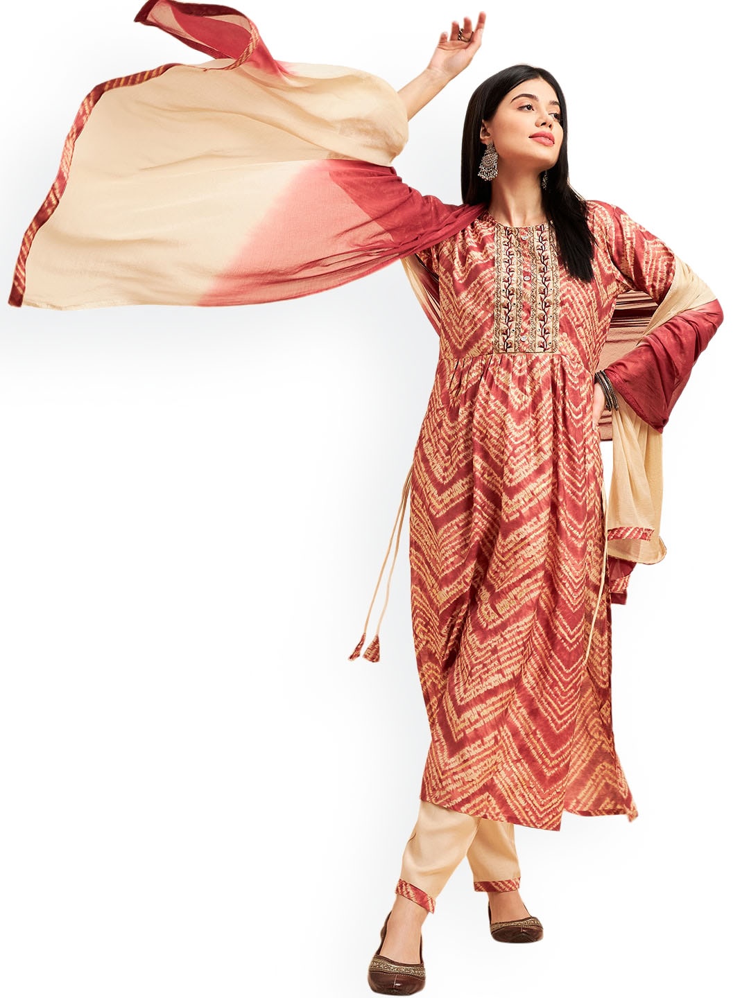 

Nimayaa Chevron Printed Kurta & Trousers With Dupatta, Red