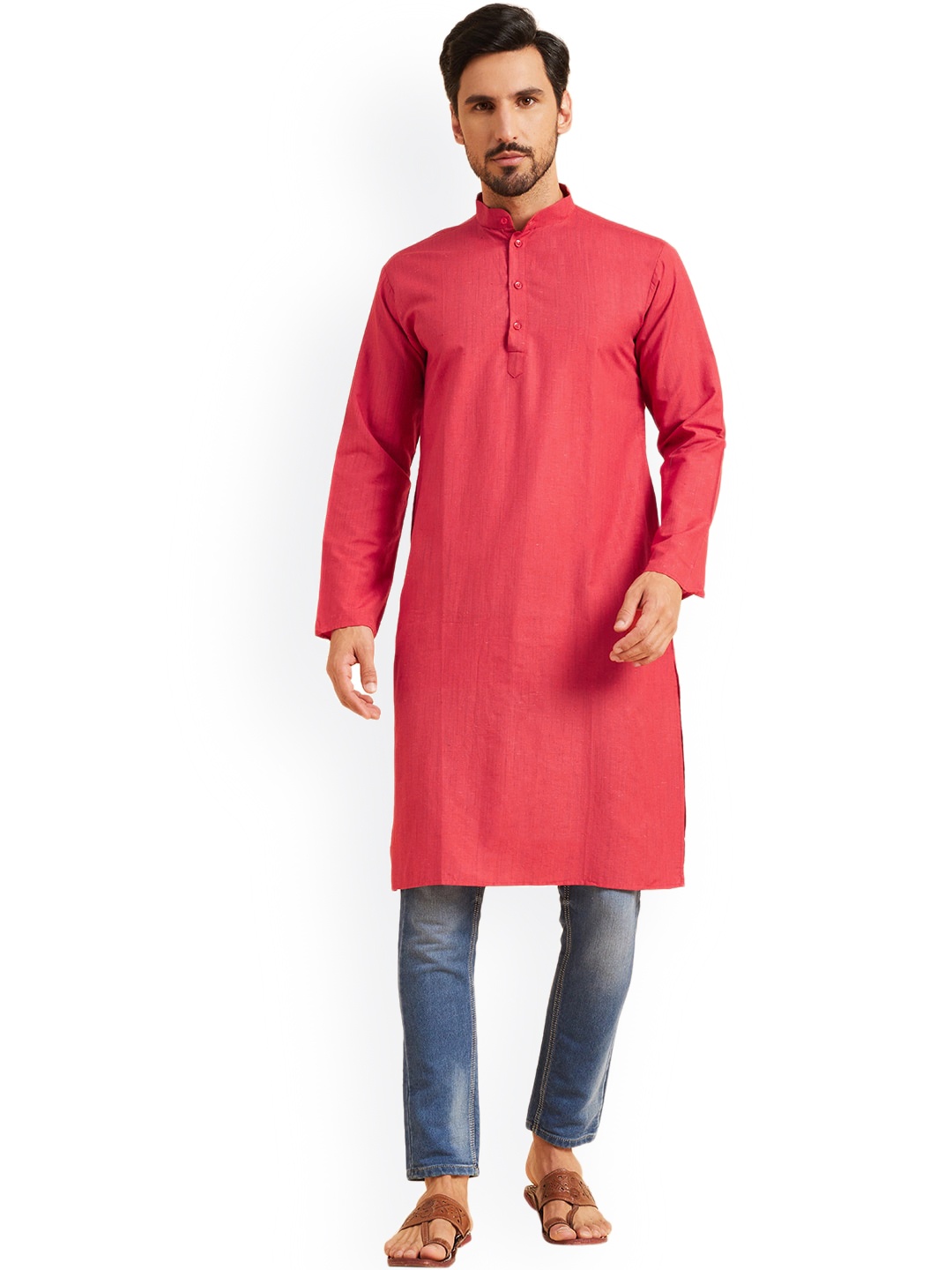 

Nimayaa Mandarin Collar Cotton Straight Kurta, Red