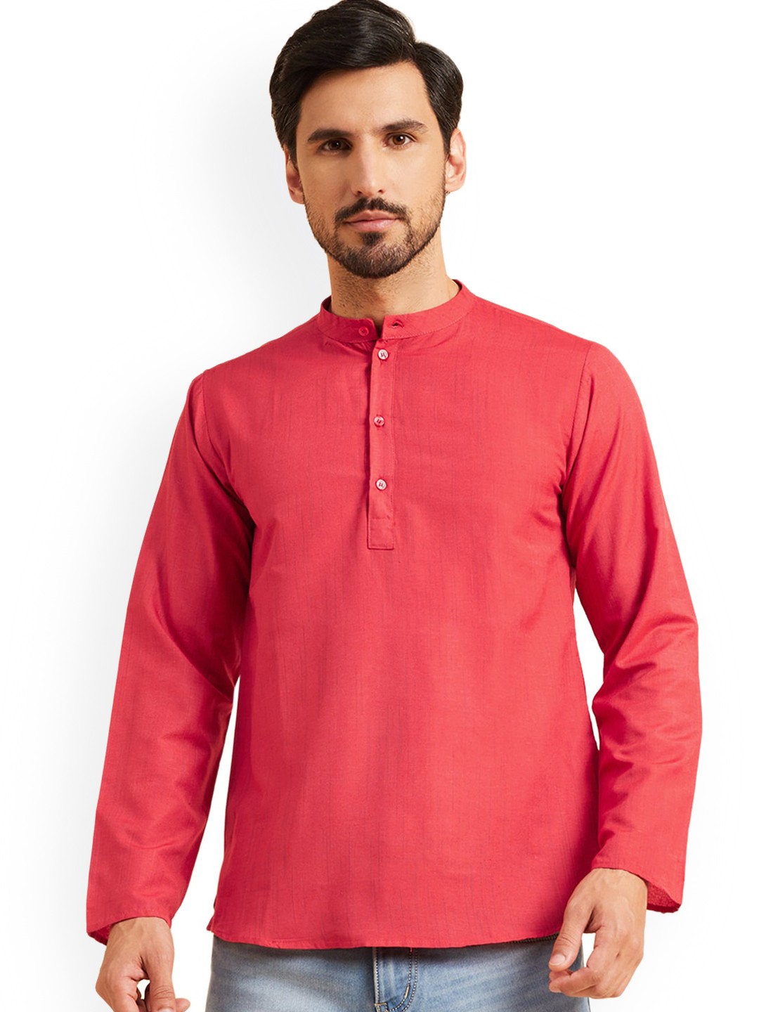 

Nimayaa Striped Mandarin Collar Cotton Straight Short Kurta, Red