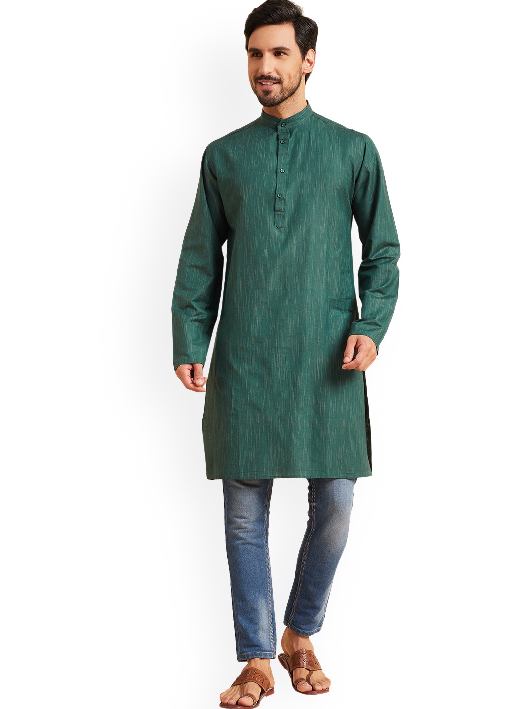 

Nimayaa Striped Band Collar Cotton Straight Kurta, Green