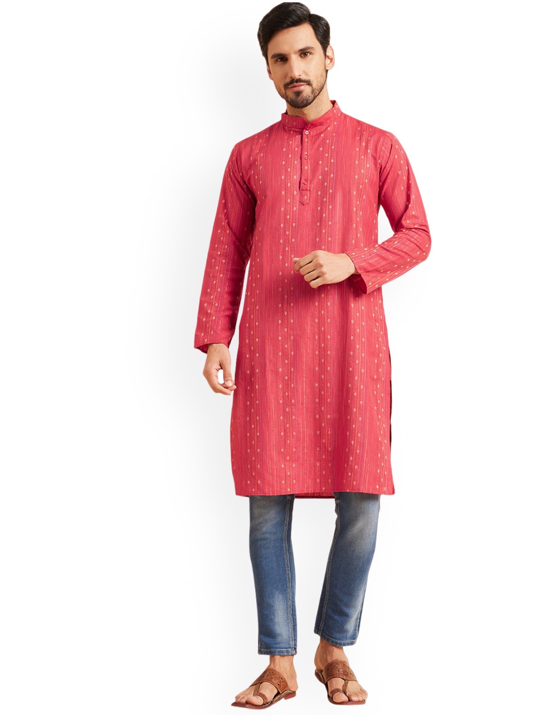 

Nimayaa Ethnic Motifs Woven Design Mandarin Collar Straight Kurta, Red