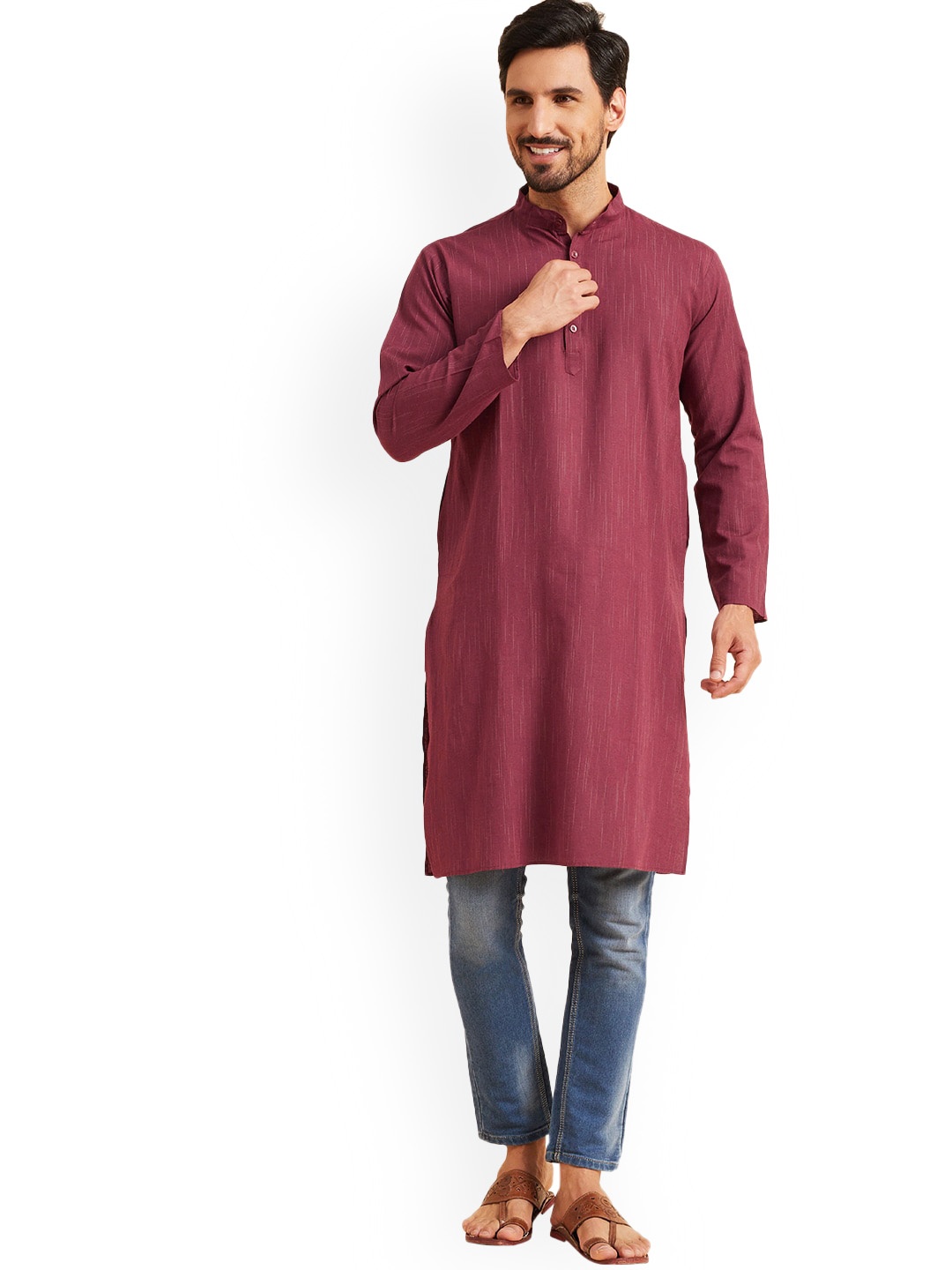 

Nimayaa Striped Mandarin Collar Cotton Straight Kurta, Maroon