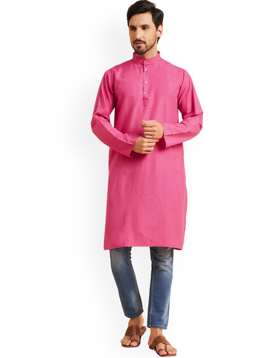 

Nimayaa Striped Mandarin Collar Cotton Straight Kurta, Pink