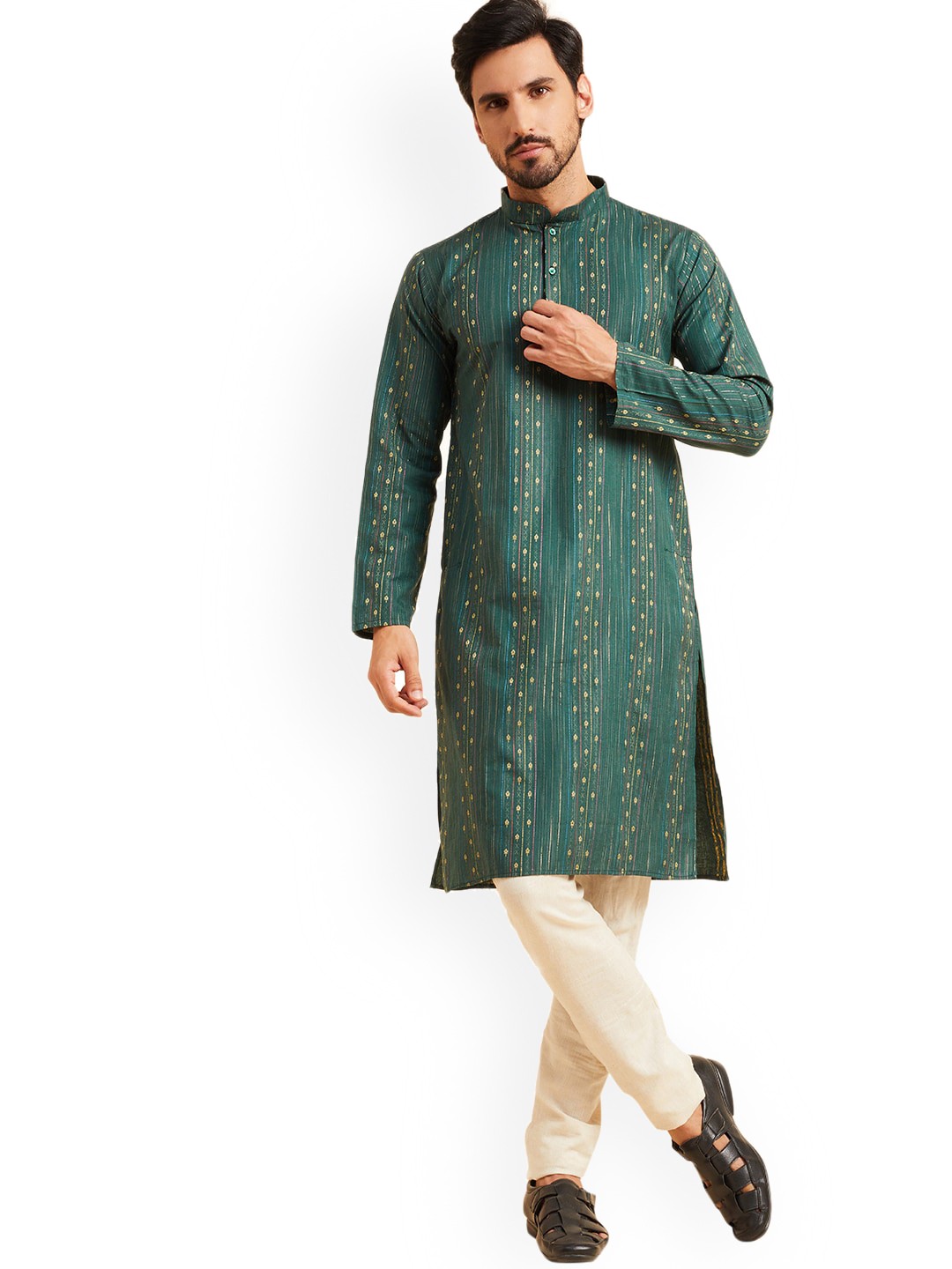 

Nimayaa Ethnic Motifs Woven Design Mandarin Collar Straight Kurta, Green