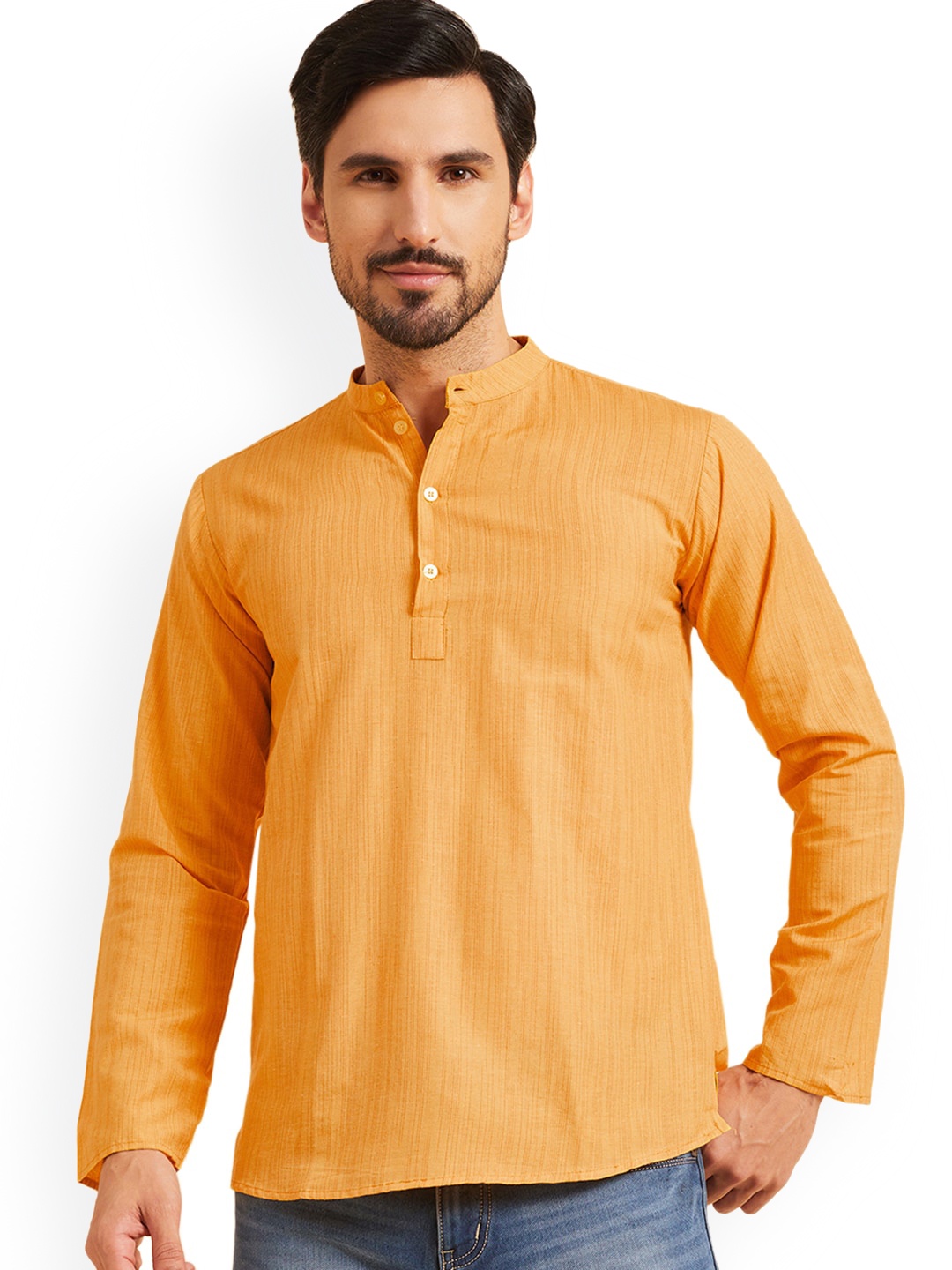 

Nimayaa Striped Mandarin Collar Cotton Straight Short Kurta, Yellow
