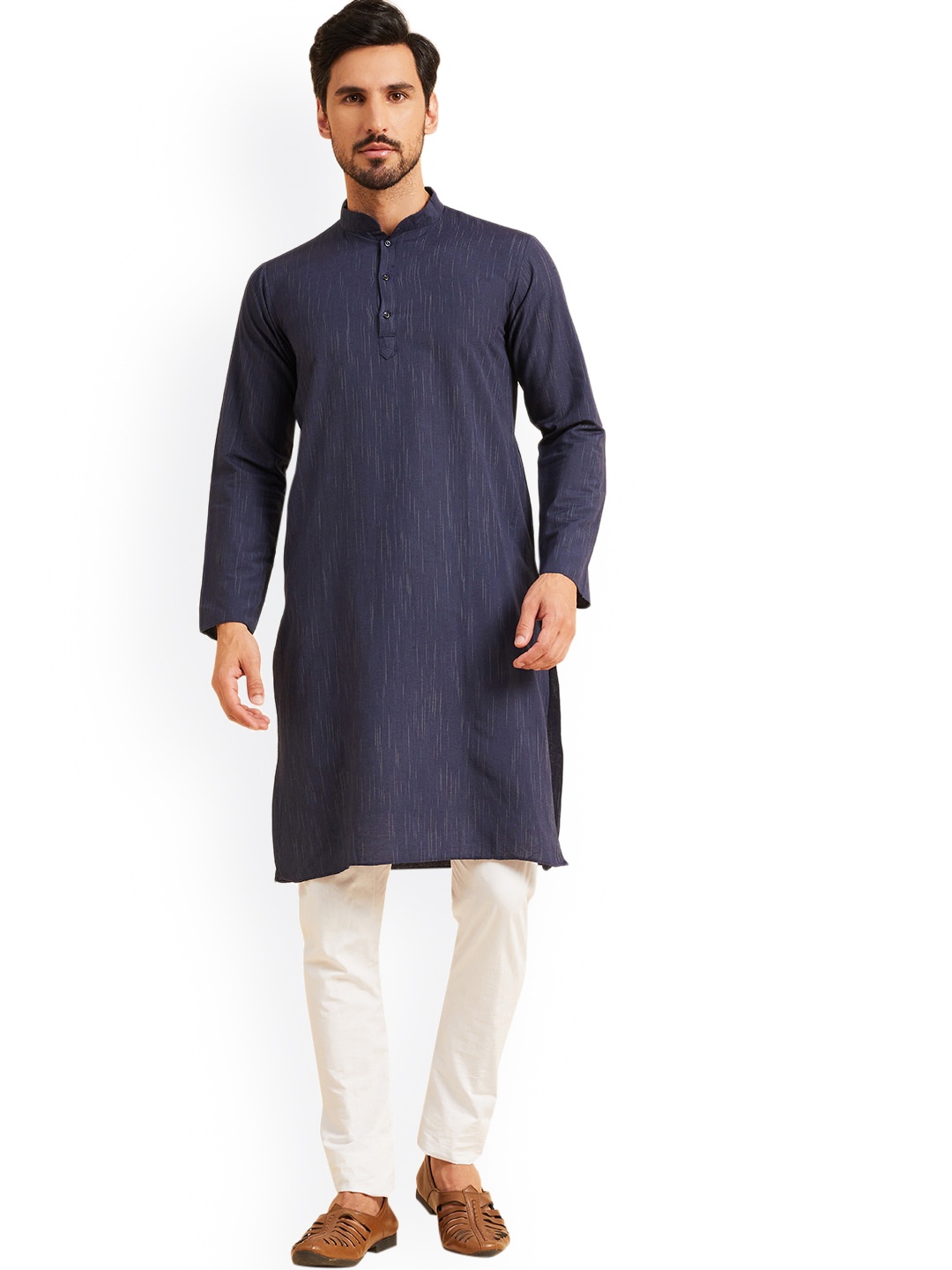 

Nimayaa Striped Mandarin Collar Cotton Straight Kurta, Navy blue