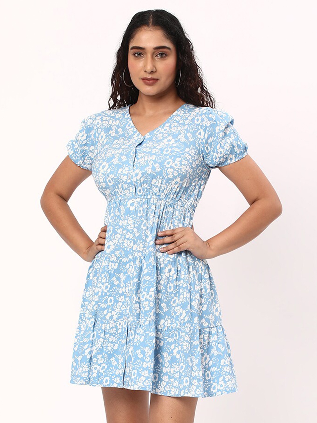 

R&B Floral Printed V-Neck Puff Sleeves Tiered Detail Fit & Flare Mini Dress, Blue