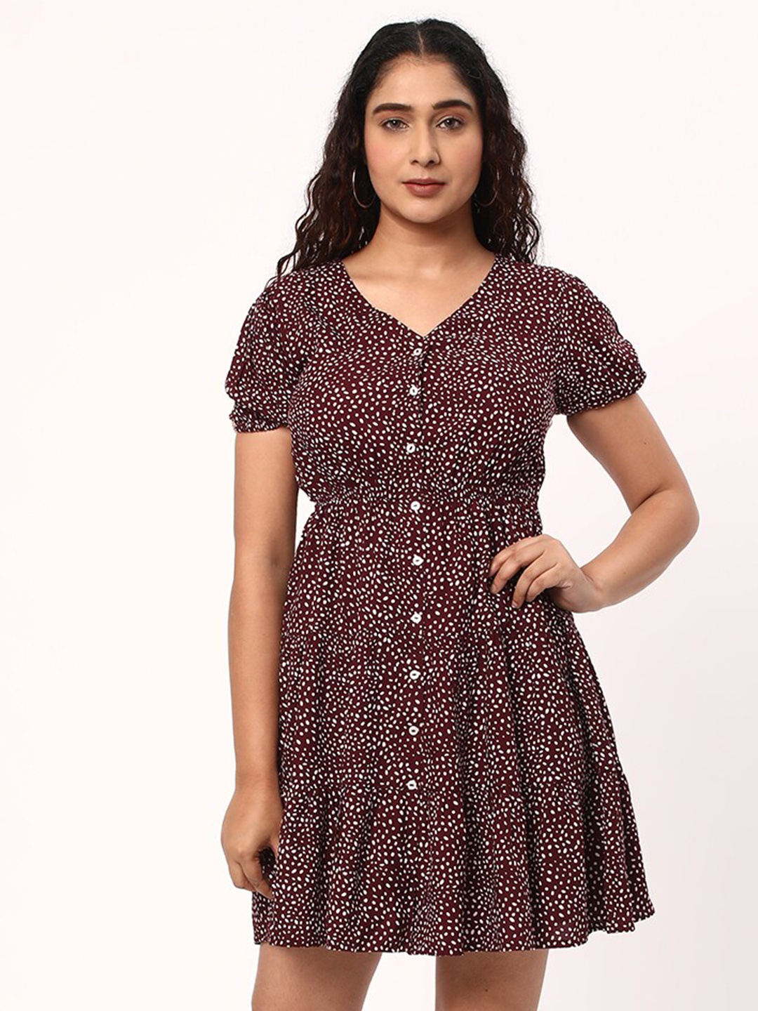

R&B Polka Dot Printed V-Neck Puff Sleeves Fit and Flare Mini Dress, Maroon