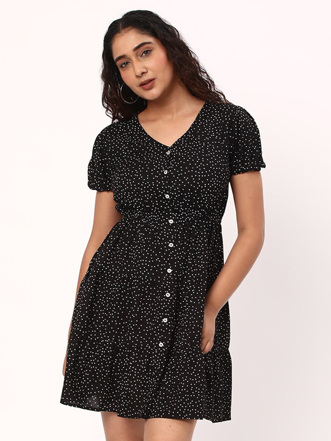 

R&B Polka Dot Printed V-Neck Puff Sleeves Fit and Flare Mini Dress, Black