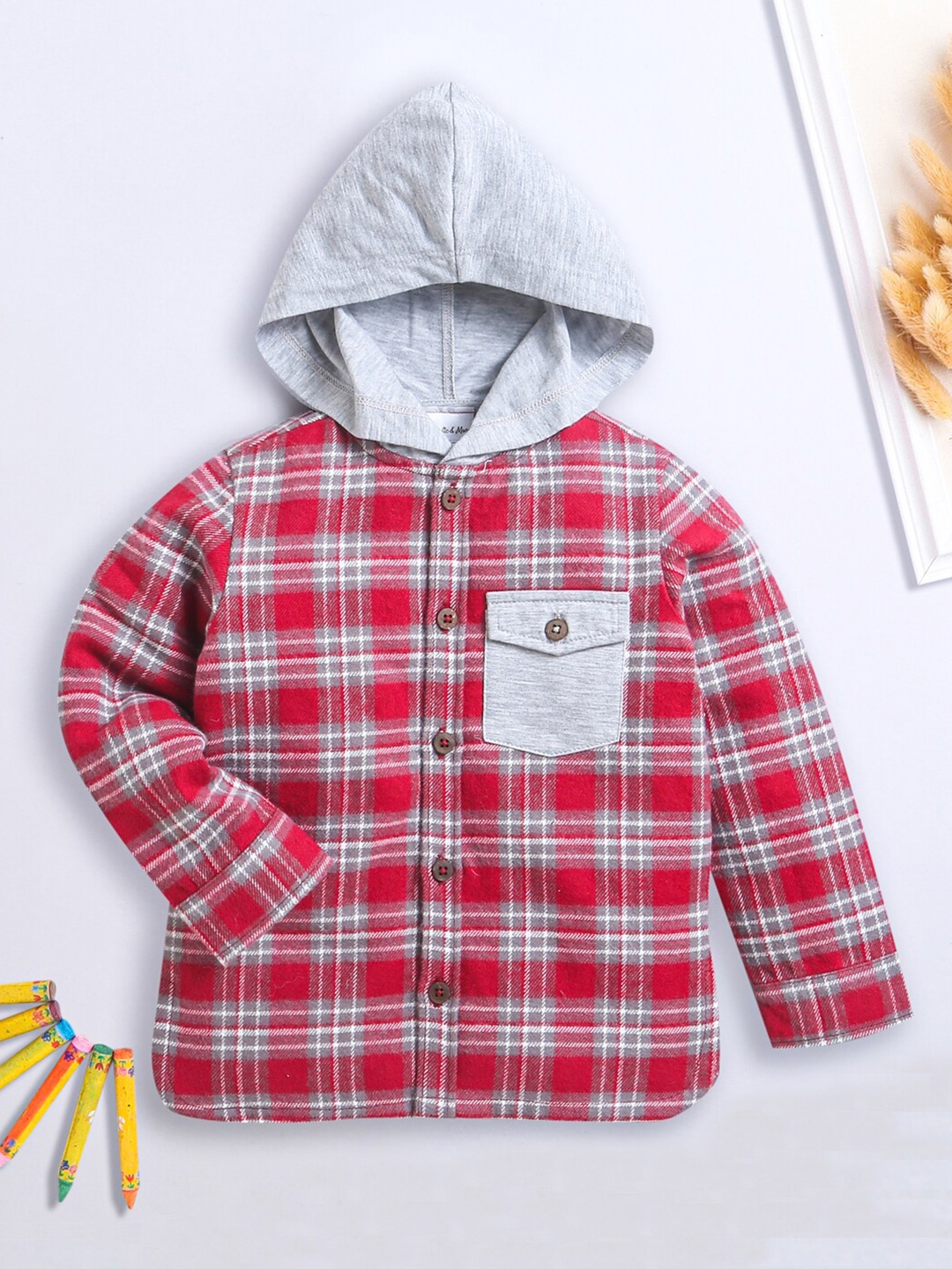 

Nino Bambino Boys Checked Hooded Pure Cotton Sweatshirt, Red