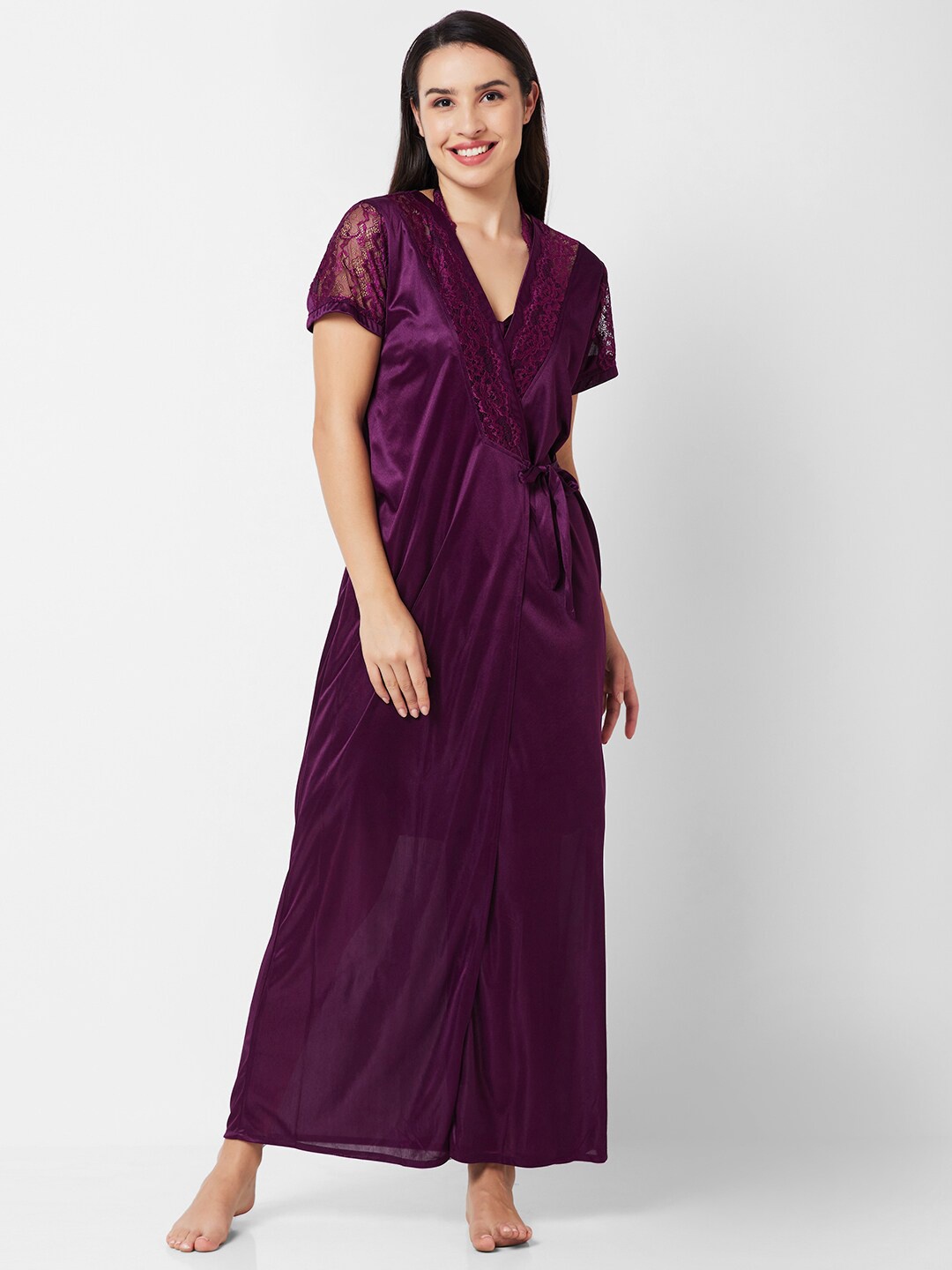 

NOIRA Satin Knee Length Nightdress With Robe, Purple
