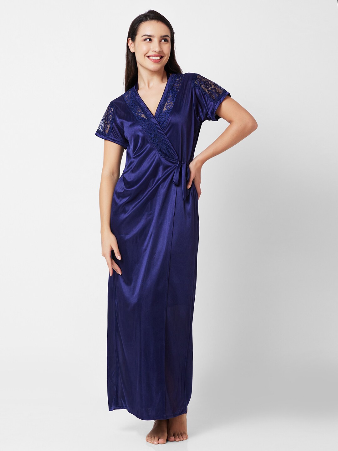 

NOIRA Satin Knee Length Nightdress With Robe, Navy blue