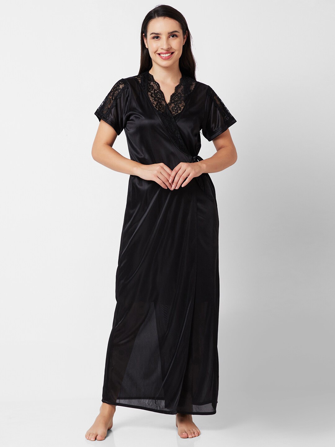 

NOIRA Satin Knee Length Nightdress With Robe, Black