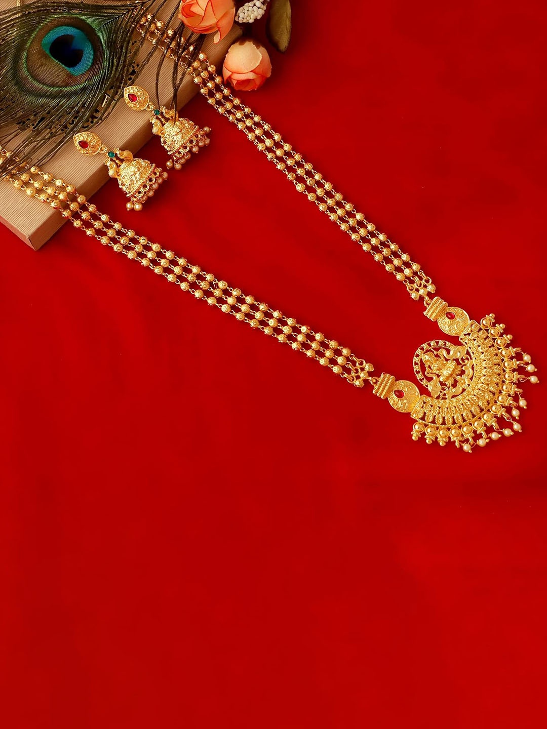 

MANSIYAORANGE Gold-Plated Artificial Stones Studded & Beaded Jewellery Set