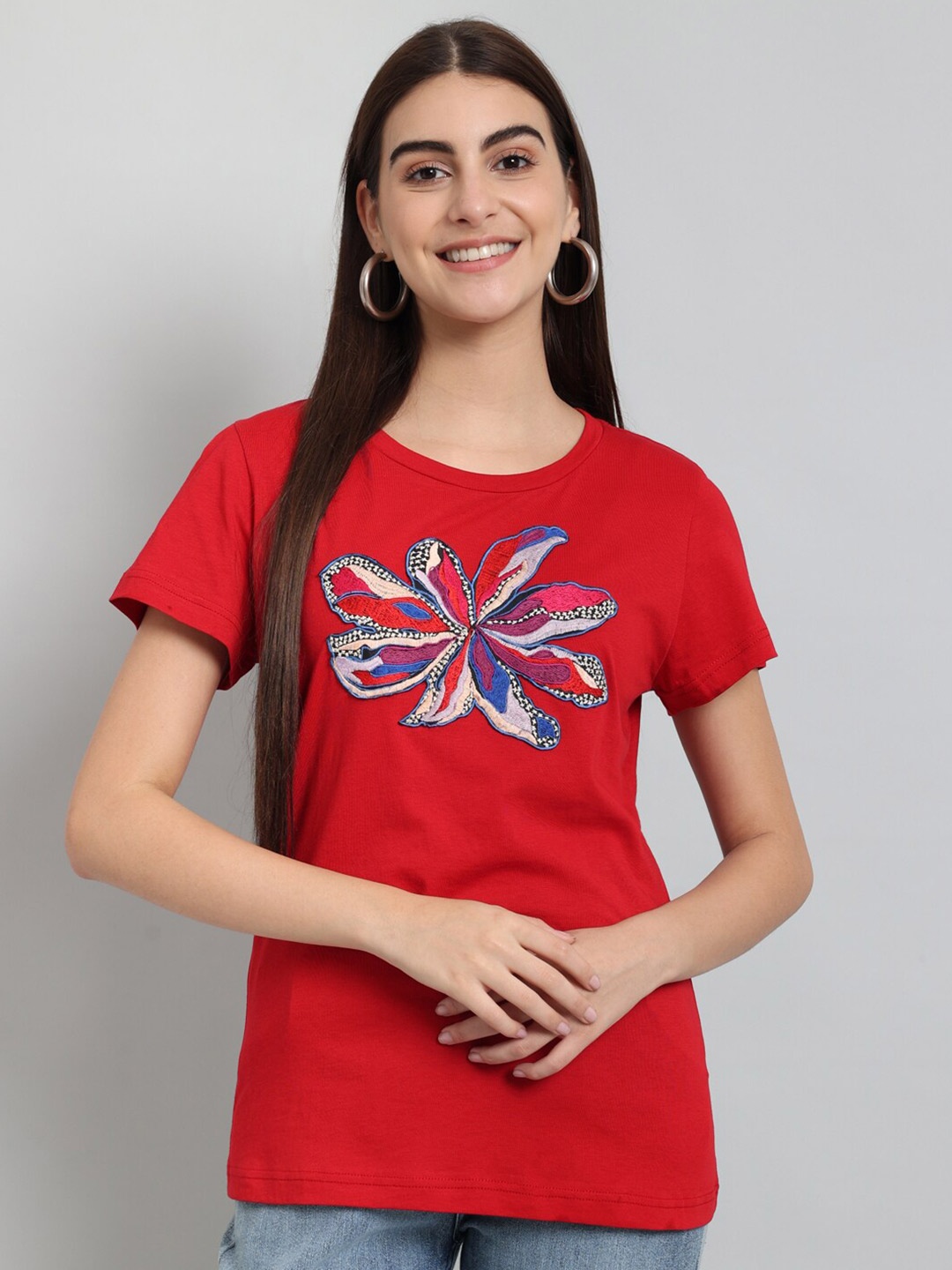 

Just Wow Floral Printed Embroidered Cotton Casual T-shirt, Red