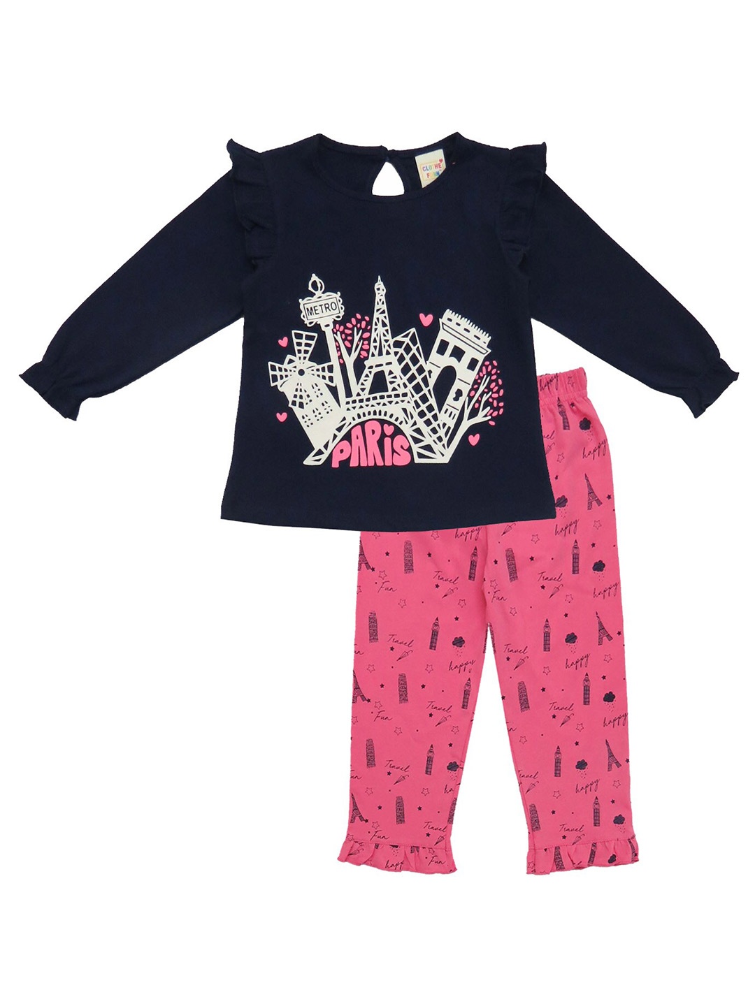 

Clothe Funn Girls Graphic Printed Pure Cotton T-shirt With Trousers, Navy blue