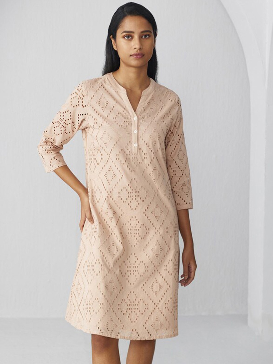 

Ancestry Self Design Mandarin Collar Schiffli A-Line Dress, Pink