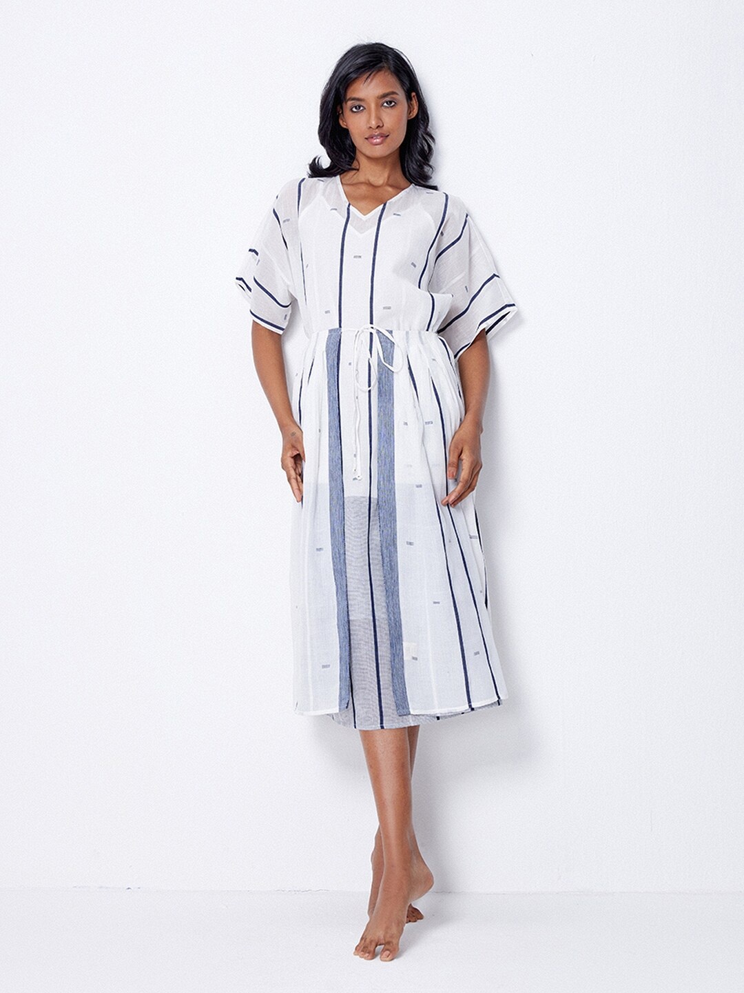 

Ancestry Striped V Neck Extended Sleeves Cotton Midi Dress, Off white