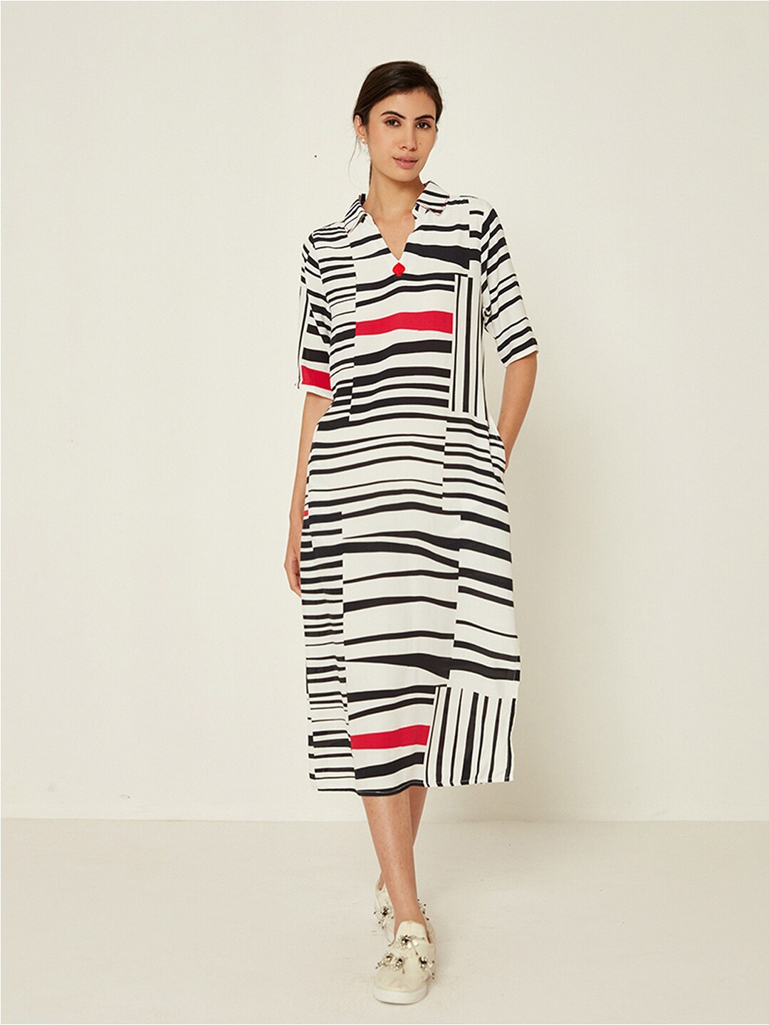 

Ancestry Striped Shirt Collar T-shirt Midi Dress, Off white