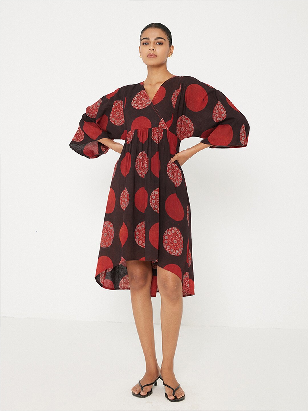 

Ancestry Geometric Printed V-Neck Flared Sleeves Cotton A-Line Dress, Maroon