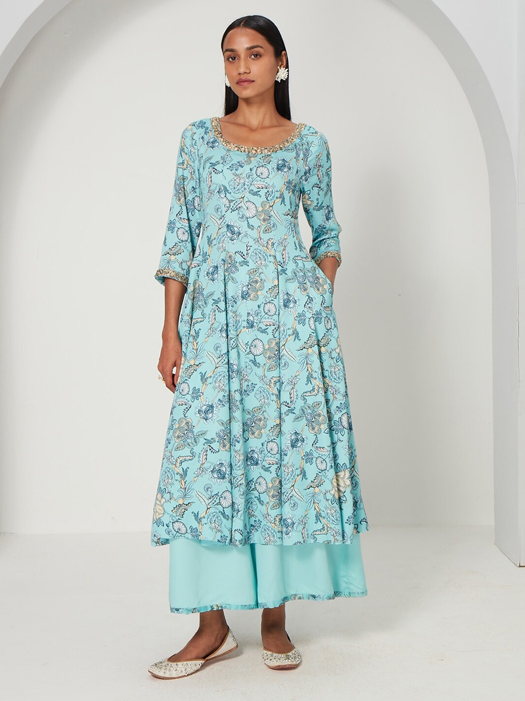 

Ancestry Floral Printed Satin Fit & Flare Midi Dress, Blue