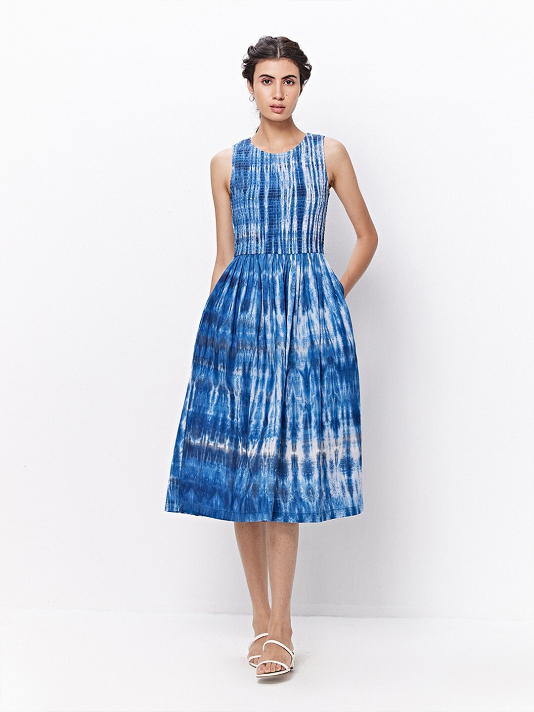

Ancestry Tie and Dye Smocked Cotton Midi Dress, Blue