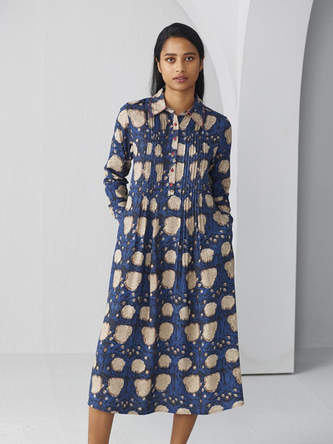 

Ancestry Floral Printed Pleated Detailed Shirt Collar Modal Shirt Style Dress, Blue