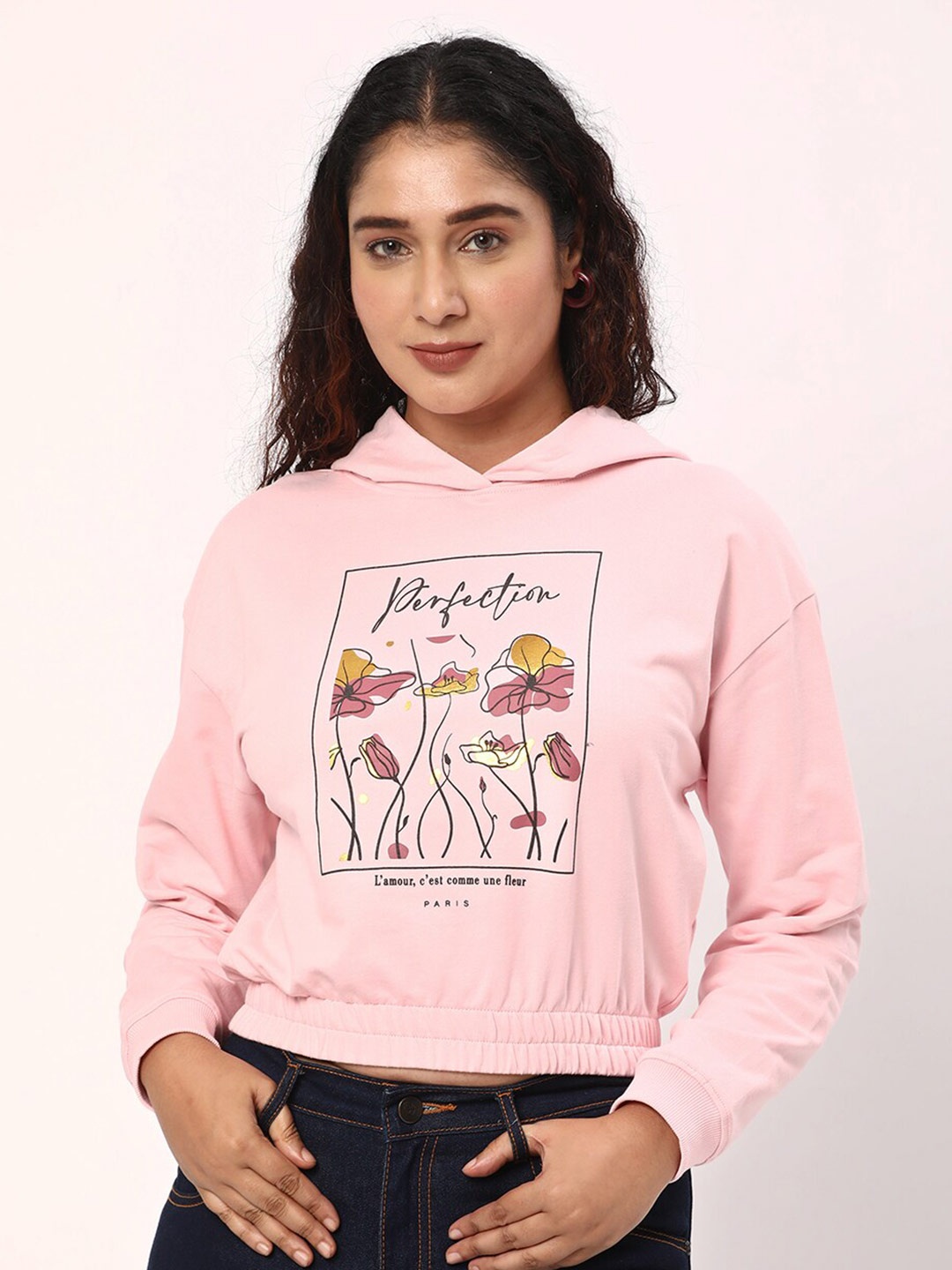

R&B Floral Printed Cotton Crop Sweatshirt, Pink