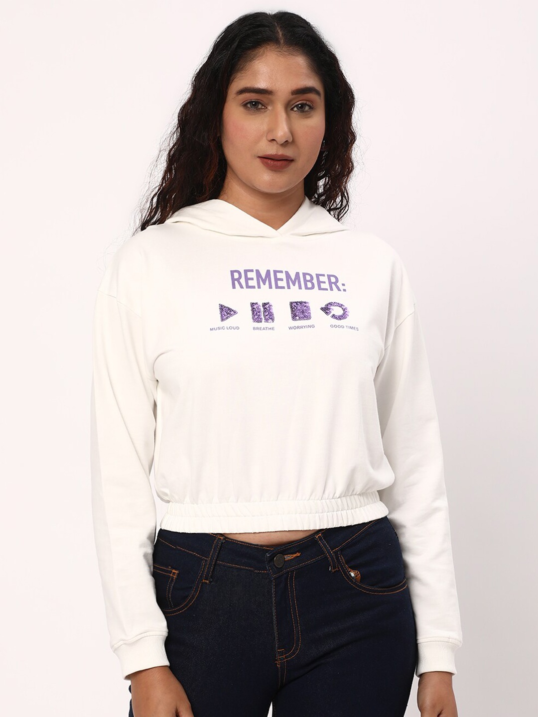 

R&B Typography Printed Cotton Crop Sweatshirt, White