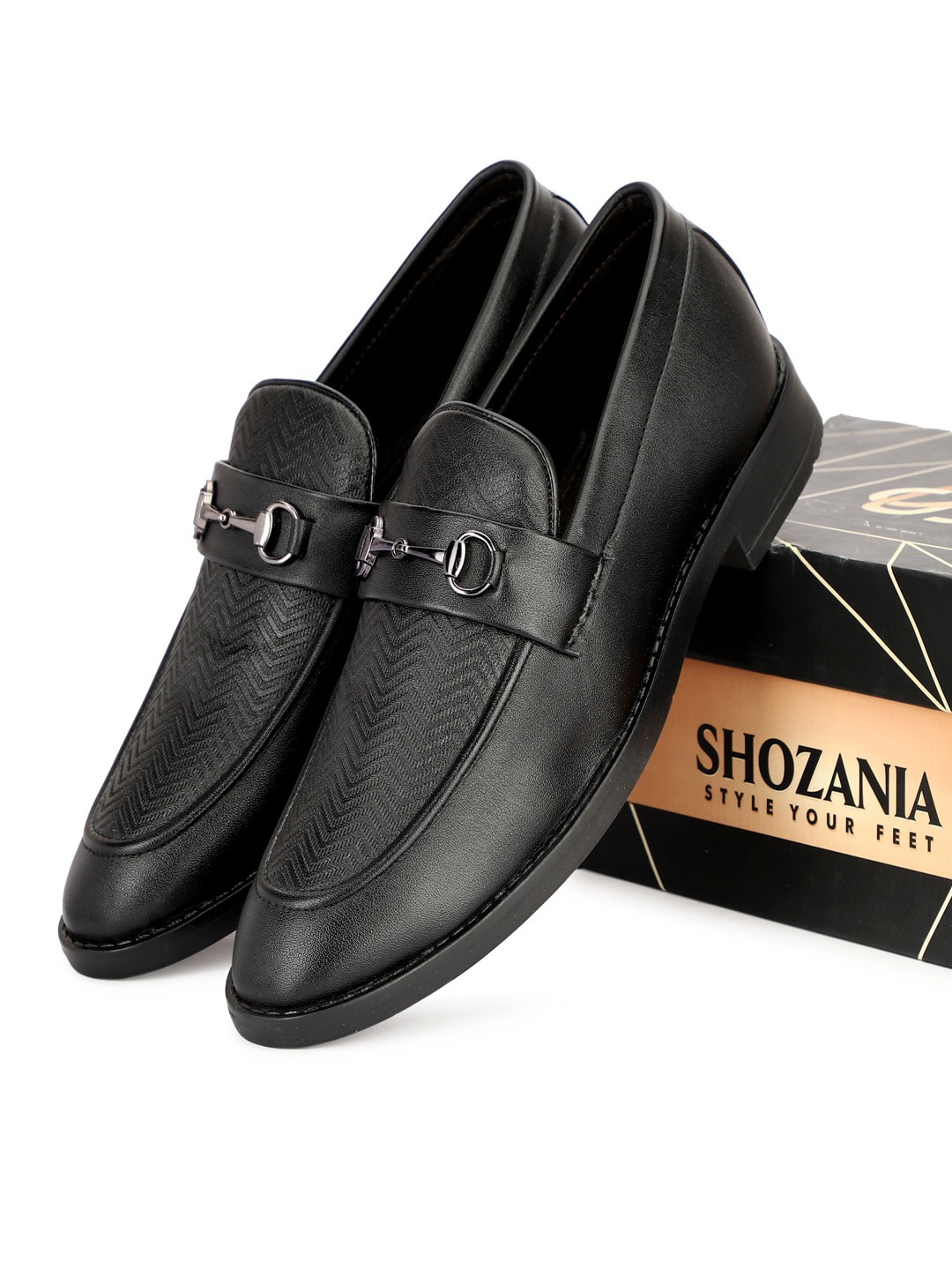 

SHOZANIA Men Textured Leather Formal Loafers, Black